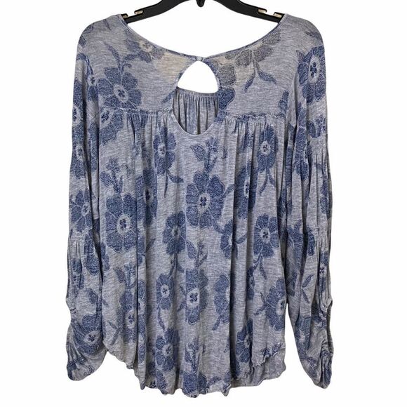 Free People Blue Grey Floral Boho Peasant Top - Picture 8 of 8